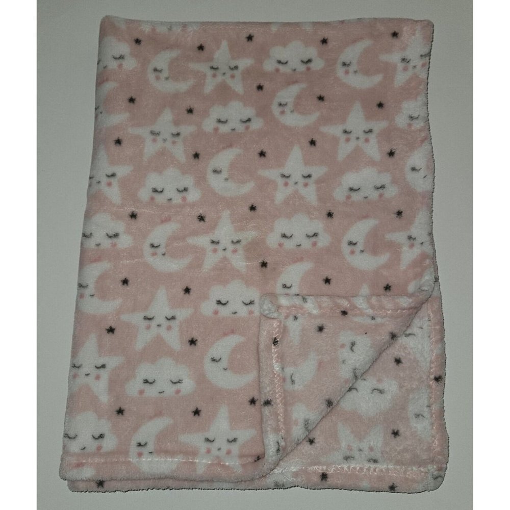 Pink White Cloud Star Moon Sleeping Fleece Baby Blanket Lovey Gray Baby Elements